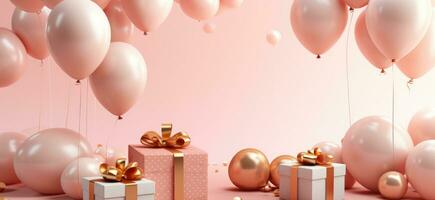 ai generato un' rosa spazio con palloncini e i regali dietro a il rosa sfondo polka punto sfondo foto