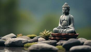 ai generato un' Budda nel meditazione con un' pietra seduta nel il sfondo foto
