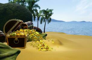 le monete d'oro sono sparse da scatole o forzieri. scrigno del tesoro in legno messo sulla spiaggia di un'isola deserta nel tema del tesoro dei pirati. rendering 3D foto