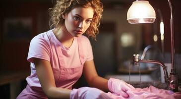 ai generato donna uomo nel cucina con rosa guanti lavaggio foto