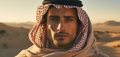 ai generato giovane Arabia maschio nel il deserto foto