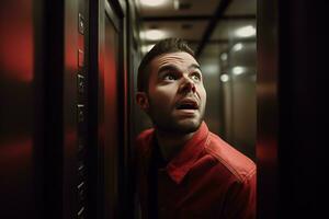 ai generato preoccupato impaurito uomo 30 anni vecchio guardare al di fuori di ascensore porte. creare ai foto