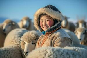 ai generato mongolo ragazza con pecore animale. creare ai foto