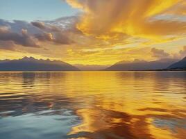 ai generato luminosa tramonto al di sopra di lago d'oro nuvole riflettere nel il acqua. ai generato. foto
