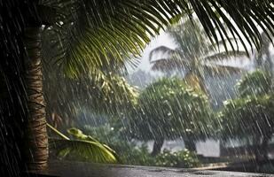 ai generato pioggia nel il tropici durante il Basso stagione o monsone stagione. gocce di pioggia nel un' giardino. generativo ai foto