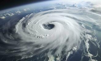 ai generato super tifone, tropicale tempesta, ciclone, tornado, al di sopra di oceano. tempo metereologico sfondo. generativo ai foto