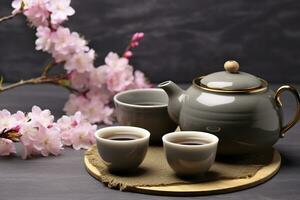 ai generato tradizionale cerimonia. tazze di fermentato Tè, teiera e sakura fiori su grigio tavolo. generativo ai foto