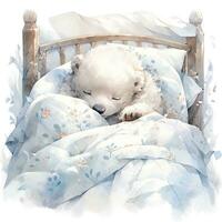 ai generato un' assonnato bambino bianca orso nel biancheria da letto. acquerello illustrazioni. ai generato foto