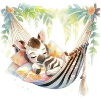 ai generato un' assonnato bambino zebra nel un' amaca. acquerello illustrazioni. ai generato foto
