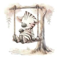ai generato carino contento bambino zebra su altalene su il albero nel acquerello stile. ai generato foto