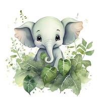 ai generato contento carino bambino elefante nel verde le foglie nel il acquerello stile. ai generato foto