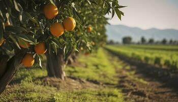 ai generato un arancia albero è nel il primo piano con un' azienda agricola campo sfondo. generativo ai foto