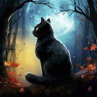 ai generato nero gatto nel illuminato dalla luna foresta. acquerello per maglietta design. ai generato foto