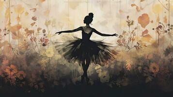 ai generato buio colore Vintage ▾ strutturato ballerina silhouette con pianta e floreale elementi come un' sfondo per il interno arte disegno foto