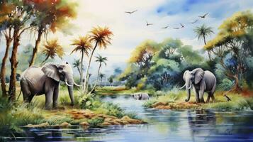 ai generato acquerello pittura stile, paesaggio su un africano tropicale giungla con alberi Il prossimo per un' fiume con giraffe, elefanti e uccelli, nel coordinamento colori foto