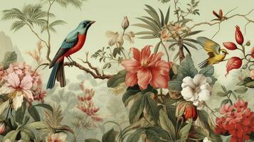 ai generato sfondo modello tropicale sospeso impianti palma le foglie e fiore, uccelli farfalle Vintage ▾ pittura vecchio per parete foto