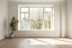 ai generato vuoto moderno camera con bianca muri e grande finestre minimalista interno design nel un' lusso appartamento il spazio è pulito e contemporaneo di generativo ai foto