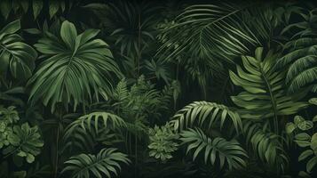 ai generato tropicale modello sfondo con un' giungla di foglie, palma alberi, e vecchio strutturato disegni, evocando un' Vintage ▾ estetico come un' murale sfondo. foto