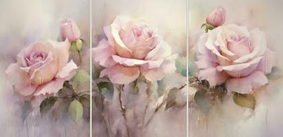 ai generato d'oro rosa trio impostato di 3 acquerello incorniciato parete arte pezzi, cattura il eleganza di rosa Rose nel oro toni, evocando il essenza di senza tempo olio quadri. foto