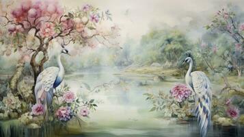 ai generato sfondo acquerello pittura di un' foresta paesaggio con un' lago, impianti, alberi, Rose, uccelli, pavoni, farfalle e insetti foto