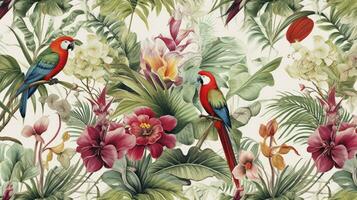 ai generato sfondo modello tropicale sospeso impianti palma le foglie e fiore, uccelli farfalle Vintage ▾ pittura vecchio per parete foto