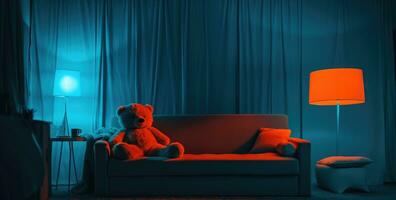 ai generato un' orso è seduta su un' blu divano nel un' camera foto