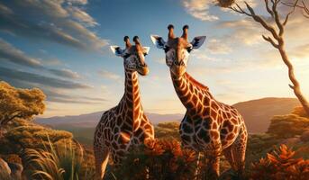 ai generato paio di giraffa all'aperto nel africano savana foto