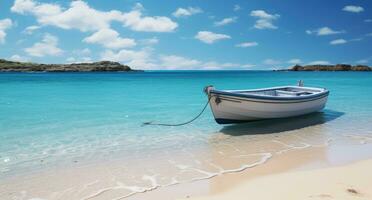 ai generato un' barca riposa su superiore di acqua su un' tropicale spiaggia foto