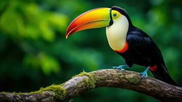 ai generato un' sbalorditivo avvicinamento di un' brillantemente colorato tucano arroccato su un' albero ramo foto