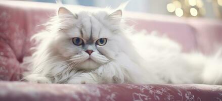 ai generato un' persiano gatto stabilisce su superiore di un' rosa divano foto