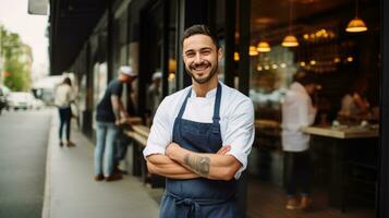 ai generato capocuoco in piedi con orgoglio nel davanti di un' ristorante, indossare il suo dello chef giacca e un' grande Sorridi foto