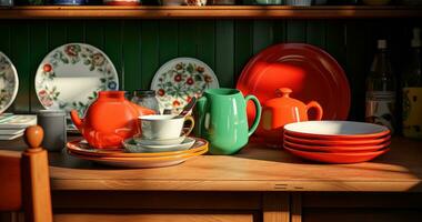 ai generato un' cucina tavolo e cassetti pieno di rosso e verde piatti foto