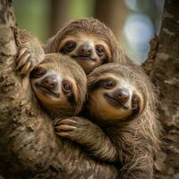 ai generato un' famiglia di adorabile bradipi si aggrappa contento per un' albero tronco foto