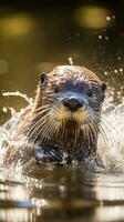 ai generato un' curioso e giocoso lontra spruzzi attraverso il acqua foto