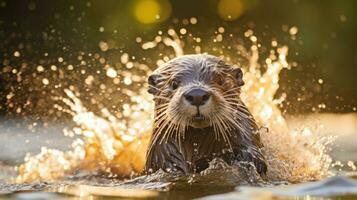 ai generato un' curioso e giocoso lontra spruzzi attraverso il acqua foto