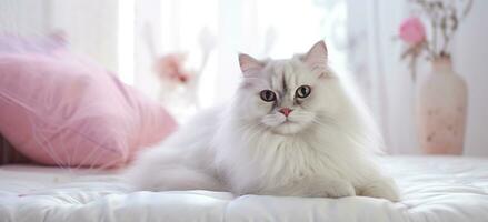 ai generato un' soffice bianca gatto si siede su un' letto con un' rosa cuscino foto
