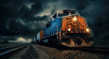 ai generato un' blu e nero treno è su il brani con un' tempestoso cielo foto
