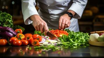 ai generato un' avvicinamento tiro di un' dello chef mani come lui sapientemente tagli verdure con un' acuto coltello foto