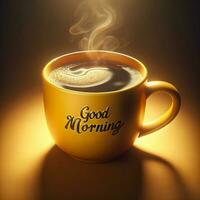 ai generato avvicinamento di caffè boccale con testo bene mattina, caldo bevanda con vapore foto