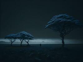 ai generato solitario albero su il spiaggia a notte. foto