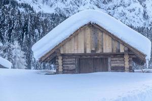 dopo la nevicata. ultime luci del crepuscolo a sappada. magia delle dolomiti foto