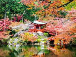 bellissimo e Multi colori di acero alberi a daigoji tempio con stagno su ansa blu cielo sfondo. daigoji tempio è il uno importante giapponese tempio di il shingon setta di giapponese buddismo. foto