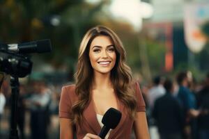 ai generato ritratto di un' bellissimo giovane donna con microfono su il strada, un' femmina tv reporter presentazione il notizia all'aperto, ai generato foto