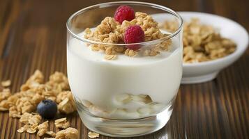 ai generato il nutritivo energia di Yogurt misto con muesli per un' salutare mattina foto