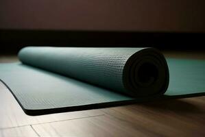 ai generato yoga Palestra stuoia su di legno pavimento. creare ai foto