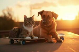 ai generato skateboarder gatto cane skateboard. creare ai foto