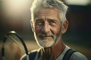 ai generato anziano atletico uomo tennis giocatore. creare ai foto