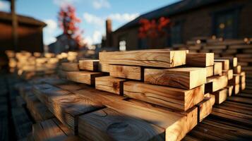 ai generato naturale di legno tavole e logs a il segheria foto