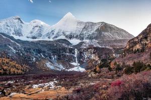 montagna sacra yangmaiyong con foresta di pini autunnali sull'altopiano a yading foto