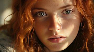 ai generato bellissimo viso con lentiggini di un' carino dai capelli rossi giovane donna nel il di sole raggi foto